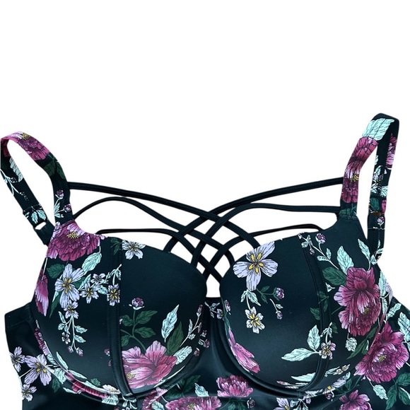 TORRID Black & Pink Floral Print Strappy Push-Up Balconette Bikini Top Size 1X - Picture 3 of 10
